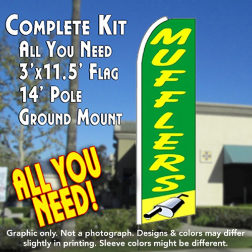 Mufflers (Green/Yellow)  Windless Advertising Feather Flag Kit  (Flag, Pole, & Ground Spike) 14 Feet Outdoor Flags