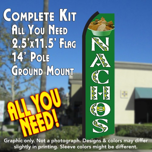 Nachos (Green/White)  Windless Advertising Feather Flag Kit  (Flag, Pole, & Ground Spike) 14 Feet Outdoor Flags
