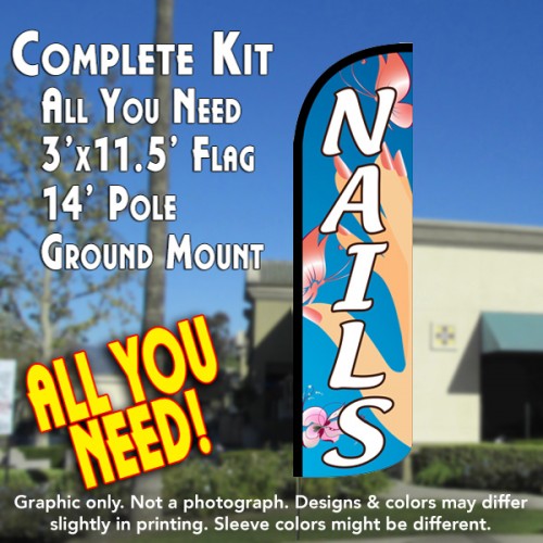 Nails (Blue)  Windless Advertising Feather Flag Kit  (Flag, Pole, & Ground Spike) 14 Feet Outdoor Flags