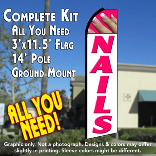 Nails (White/Pink)  Windless Advertising Feather Flag Kit  (Flag, Pole, & Ground Spike) 14 Feet Outdoor Flags