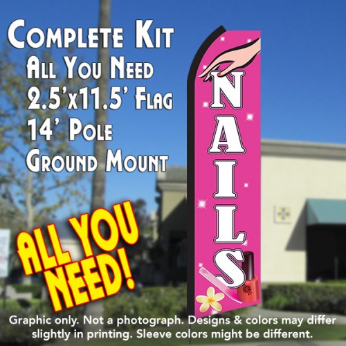 Nails (Pink/White)  Windless Advertising Feather Flag Kit  (Flag, Pole, & Ground Spike) 14 Feet Outdoor Flags