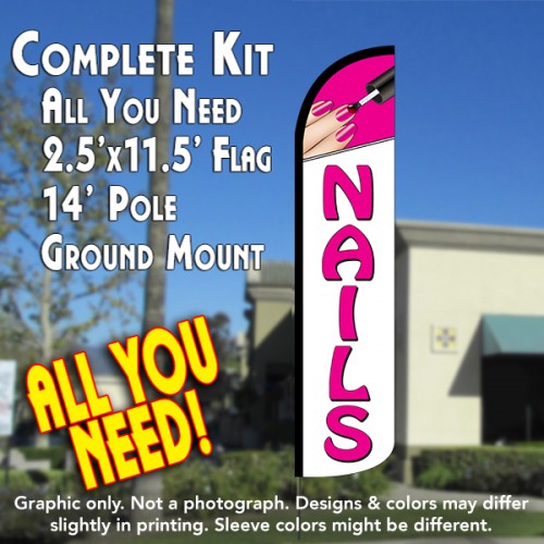 Nails (Pink/White)  Windless Advertising Feather Flag Kit  (Flag, Pole, & Ground Spike) 14 Feet Outdoor Flags