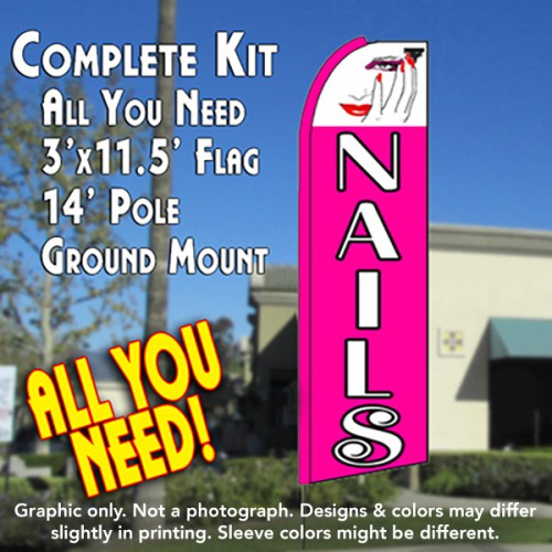Nails (Pink/White)  Windless Advertising Feather Flag Kit  (Flag, Pole, & Ground Spike) 14 Feet Outdoor Flags