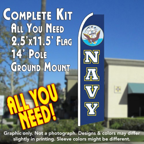 Navy  Windless Advertising Feather Flag Kit  (Flag, Pole, & Ground Spike) 14 Feet Outdoor Flags
