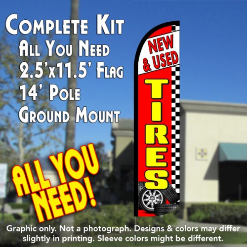 New & Used Tires (Checkered)  Windless Advertising Feather Flag Kit  (Flag, Pole, & Ground Spike) 14 Feet Outdoor Flags