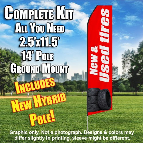 New & Used Tires (Red/White)  Windless Advertising Feather Flag Kit  (Flag, Pole, & Ground Spike) 14 Feet Outdoor Flags