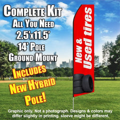 New & Used Tires (Red/White)  Windless Advertising Feather Flag Kit  (Flag, Pole, & Ground Spike) 14 Feet Outdoor Flags