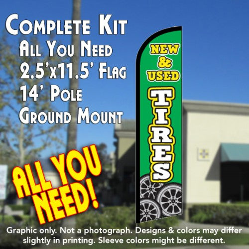 New & Used Tires  Windless Advertising Feather Flag Kit  (Flag, Pole, & Ground Spike) 14 Feet Outdoor Flags