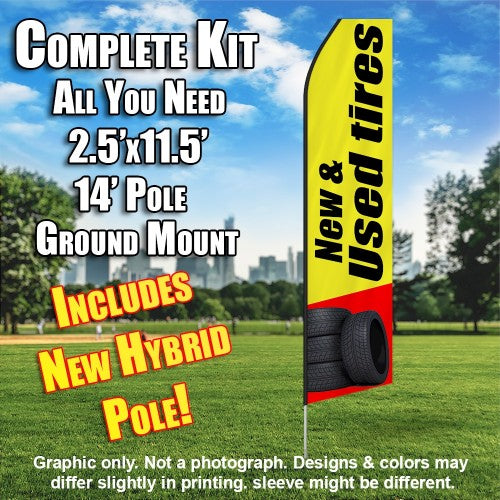 New & Used Tires (Yellow/Black)  Windless Advertising Feather Flag Kit  (Flag, Pole, & Ground Spike) 14 Feet Outdoor Flags