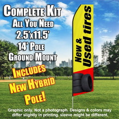 New & Used Tires (Yellow/Black)  Windless Advertising Feather Flag Kit  (Flag, Pole, & Ground Spike) 14 Feet Outdoor Flags