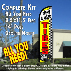 New & Used Tires (Yellow/Checkered)  Windless Advertising Feather Flag Kit  (Flag, Pole, & Ground Spike) 14 Feet Outdoor Flags