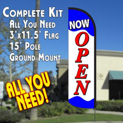 Now Open (Blue/Red/White)  Windless Advertising Feather Flag Kit  (Flag, Pole, & Ground Spike) 14 Feet Outdoor Flags