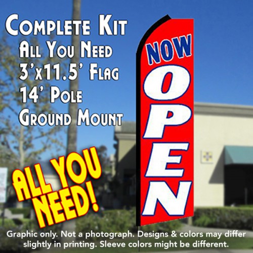 Now Open (Red/White)  Windless Advertising Feather Flag Kit  (Flag, Pole, & Ground Spike) 14 Feet Outdoor Flags