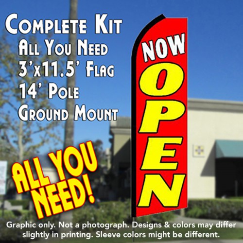 Now Open (Red/Yellow)  Windless Advertising Feather Flag Kit  (Flag, Pole, & Ground Spike) 14 Feet Outdoor Flags