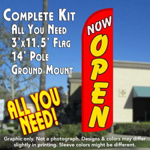 Now Open (Red/Yellow)  Windless Advertising Feather Flag Kit  (Flag, Pole, & Ground Spike) 14 Feet Outdoor Flags