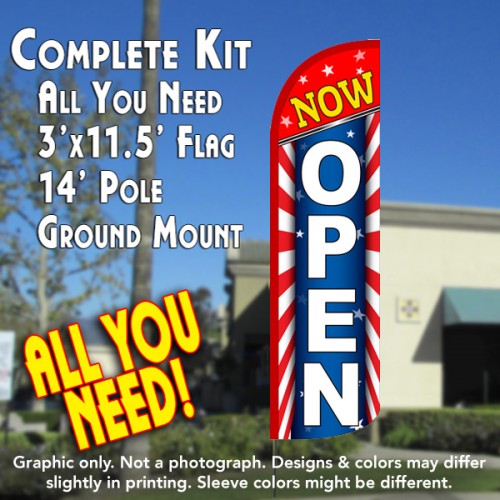 Now Open (Starburst)  Windless Advertising Feather Flag Kit  (Flag, Pole, & Ground Spike) 14 Feet Outdoor Flags