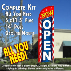Now Open (Starburst)  Windless Advertising Feather Flag Kit  (Flag, Pole, & Ground Spike) 14 Feet Outdoor Flags