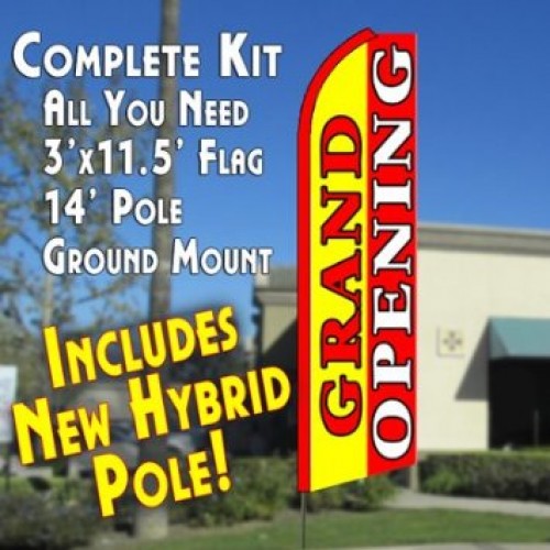 Grand Opening (Yellow/Red)  Windless Advertising Feather Flag Kit  (Flag, Pole, & Ground Spike) 14 Feet Outdoor Flags