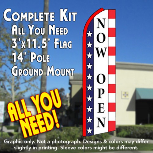 Now Open (Stars & Stripes)  Windless Advertising Feather Flag Kit  (Flag, Pole, & Ground Spike) 14 Feet Outdoor Flags