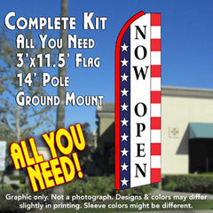 Now Open (Stars & Stripes)  Windless Advertising Feather Flag Kit  (Flag, Pole, & Ground Spike) 14 Feet Outdoor Flags