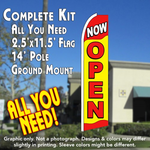 Now Open (Yellow/Red)  Windless Advertising Feather Flag Kit  (Flag, Pole, & Ground Spike) 14 Feet Outdoor Flags