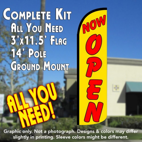 Now Open (Yellow/Red)  Windless Advertising Feather Flag Kit  (Flag, Pole, & Ground Spike) 14 Feet Outdoor Flags