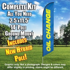 Oil Change (Blue/Yellow)  Windless Advertising Feather Flag Kit  (Flag, Pole, & Ground Spike) 14 Feet Outdoor Flags