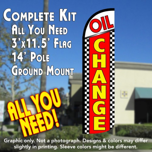 Oil Change (Checkered)  Windless Advertising Feather Flag Kit  (Flag, Pole, & Ground Spike) 14 Feet Outdoor Flags