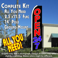 Open 24/7 (Black)  Windless Advertising Feather Flag Kit  (Flag, Pole, & Ground Spike) 14 Feet Outdoor Flags