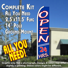 Open 24 Hrs (Blue)  Windless Advertising Feather Flag Kit  (Flag, Pole, & Ground Spike) 14 Feet Outdoor Flags