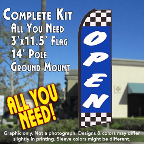 Open (Blue/Checkered)  Windless Advertising Feather Flag Kit  (Flag, Pole, & Ground Spike) 14 Feet Outdoor Flags