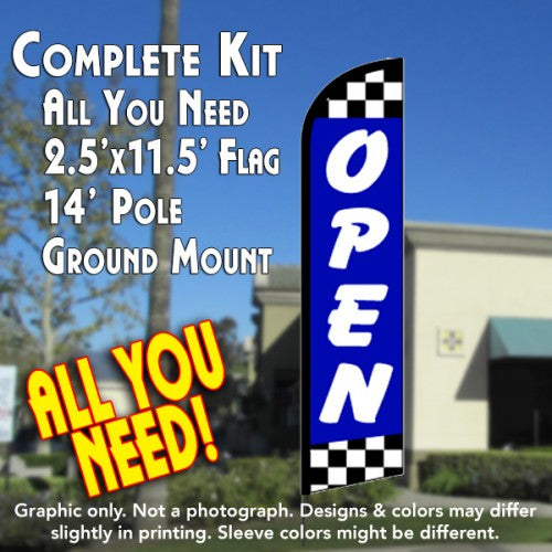 Open (Blue/Checks)  Windless Advertising Feather Flag Kit  (Flag, Pole, & Ground Spike) 14 Feet Outdoor Flags