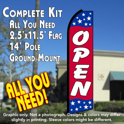 Open (Blue/Red/Stars)  Windless Advertising Feather Flag Kit  (Flag, Pole, & Ground Spike) 14 Feet Outdoor Flags