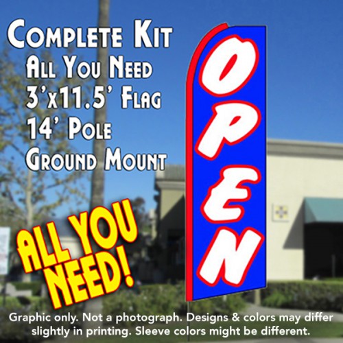 Open (Blue/White)  Windless Advertising Feather Flag Kit  (Flag, Pole, & Ground Spike) 14 Feet Outdoor Flags