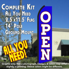 Open (Blue/White)  Windless Advertising Feather Flag Kit  (Flag, Pole, & Ground Spike) 14 Feet Outdoor Flags
