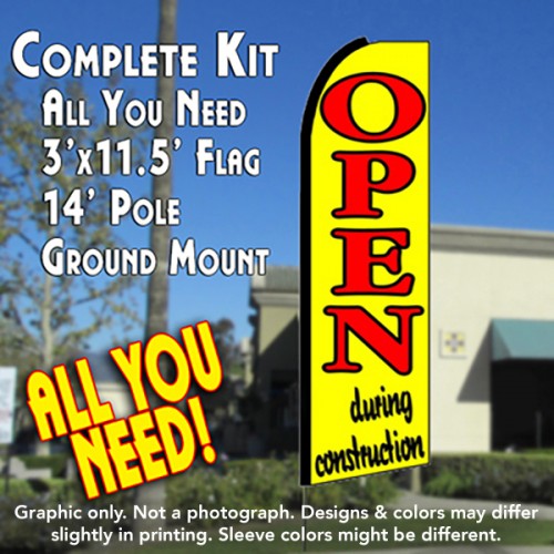 Open During Construction (Yellow)  Windless Advertising Feather Flag Kit  (Flag, Pole, & Ground Spike) 14 Feet Outdoor Flags