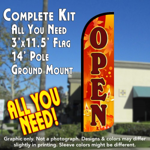 Open (Fall Theme)  Windless Advertising Feather Flag Kit  (Flag, Pole, & Ground Spike) 14 Feet Outdoor Flags