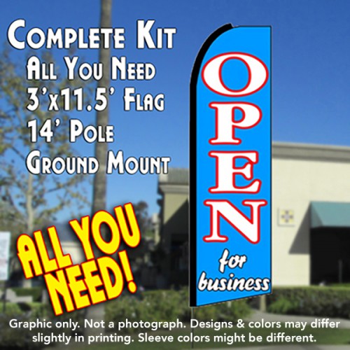 Open For Business (Blue)  Windless Advertising Feather Flag Kit  (Flag, Pole, & Ground Spike) 14 Feet Outdoor Flags