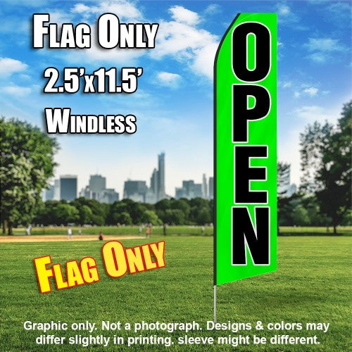 Open (Green/Black Letters)   Windless Advertising Feather Flag Only