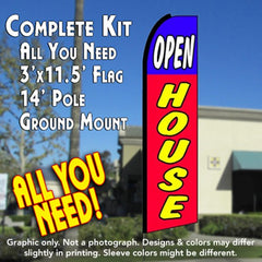 Open House (Blue/Red)  Windless Advertising Feather Flag Kit  (Flag, Pole, & Ground Spike) 14 Feet Outdoor Flags