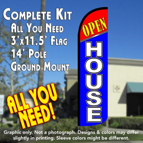 Open House (Red/Blue)  Windless Advertising Feather Flag Kit  (Flag, Pole, & Ground Spike) 14 Feet Outdoor Flags