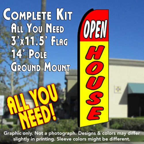 Open House (Red/Yellow)  Windless Advertising Feather Flag Kit  (Flag, Pole, & Ground Spike) 14 Feet Outdoor Flags