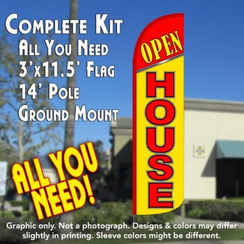 Open House (Red/Yellow)  Windless Advertising Feather Flag Kit  (Flag, Pole, & Ground Spike) 14 Feet Outdoor Flags