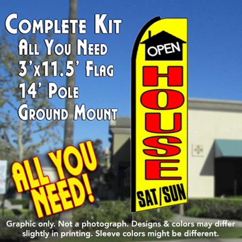 Open House Sat/Sun (Yellow)  Windless Advertising Feather Flag Kit  (Flag, Pole, & Ground Spike) 14 Feet Outdoor Flags