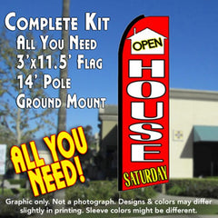 Open House Saturday (Red)  Windless Advertising Feather Flag Kit  (Flag, Pole, & Ground Spike) 14 Feet Outdoor Flags