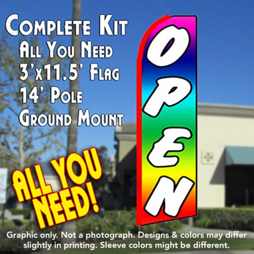Open (Multi-Colored)  Windless Advertising Feather Flag Kit  (Flag, Pole, & Ground Spike) 14 Feet Outdoor Flags