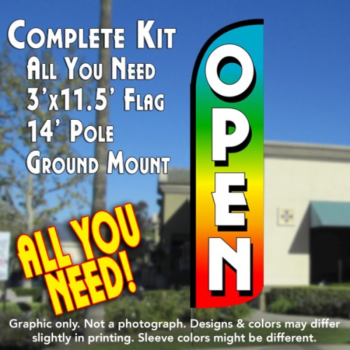 Open (Multi-Colored)  Windless Advertising Feather Flag Kit  (Flag, Pole, & Ground Spike) 14 Feet Outdoor Flags