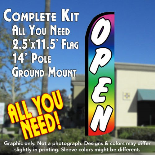Open (Multicolor)  Windless Advertising Feather Flag Kit  (Flag, Pole, & Ground Spike) 14 Feet Outdoor Flags