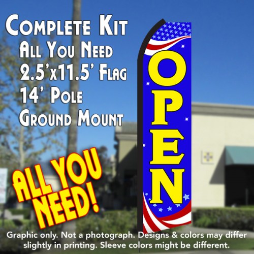 Open (Patriotic)  Windless Advertising Feather Flag Kit  (Flag, Pole, & Ground Spike) 14 Feet Outdoor Flags