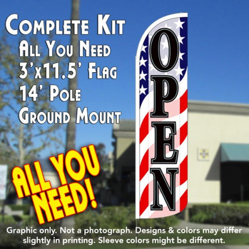 Open (Patriotic Waves)  Windless Advertising Feather Flag Kit  (Flag, Pole, & Ground Spike) 14 Feet Outdoor Flags